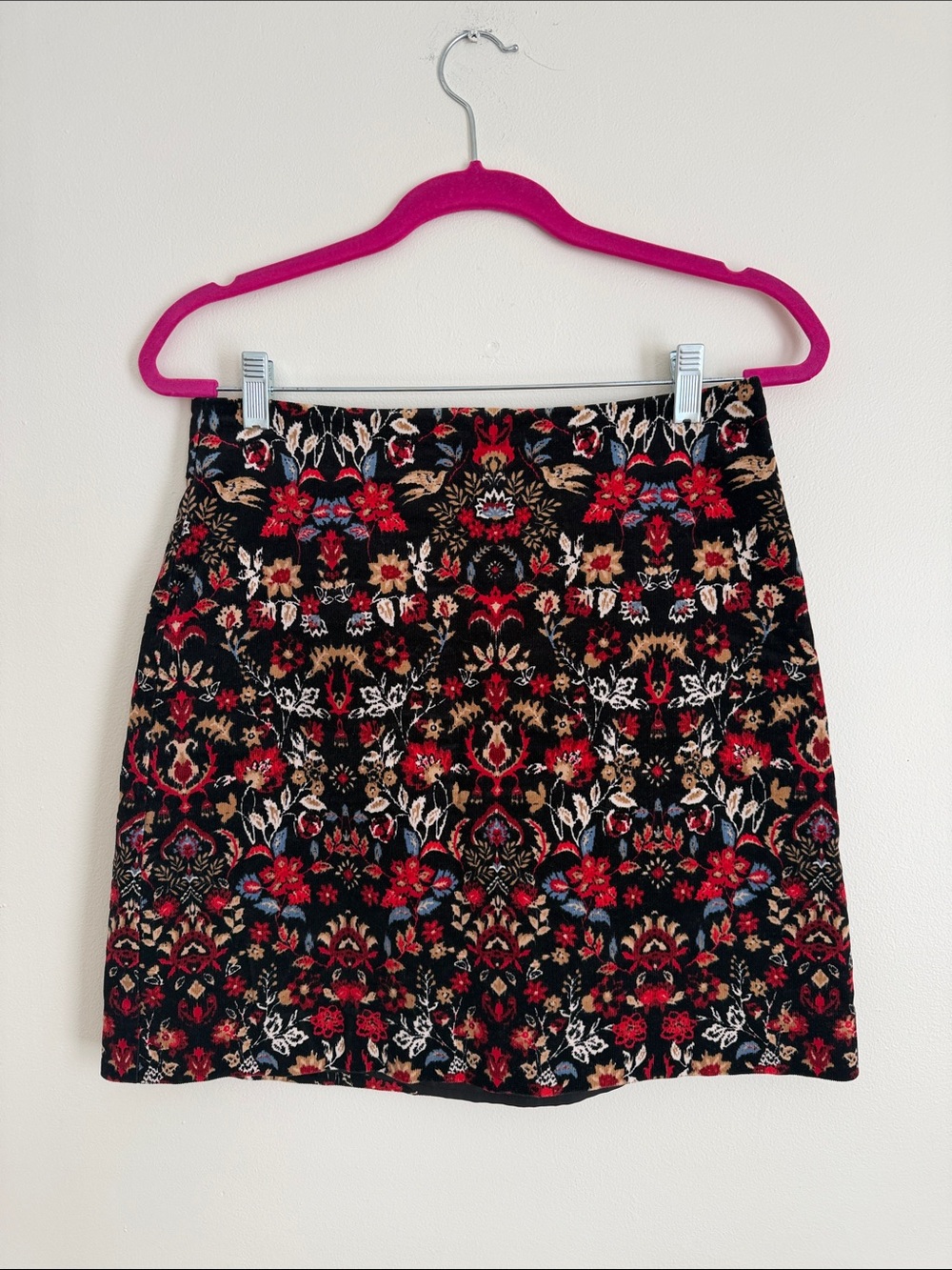 LOFT Black Mini Skirt with Red & Tan Floral Embroidery